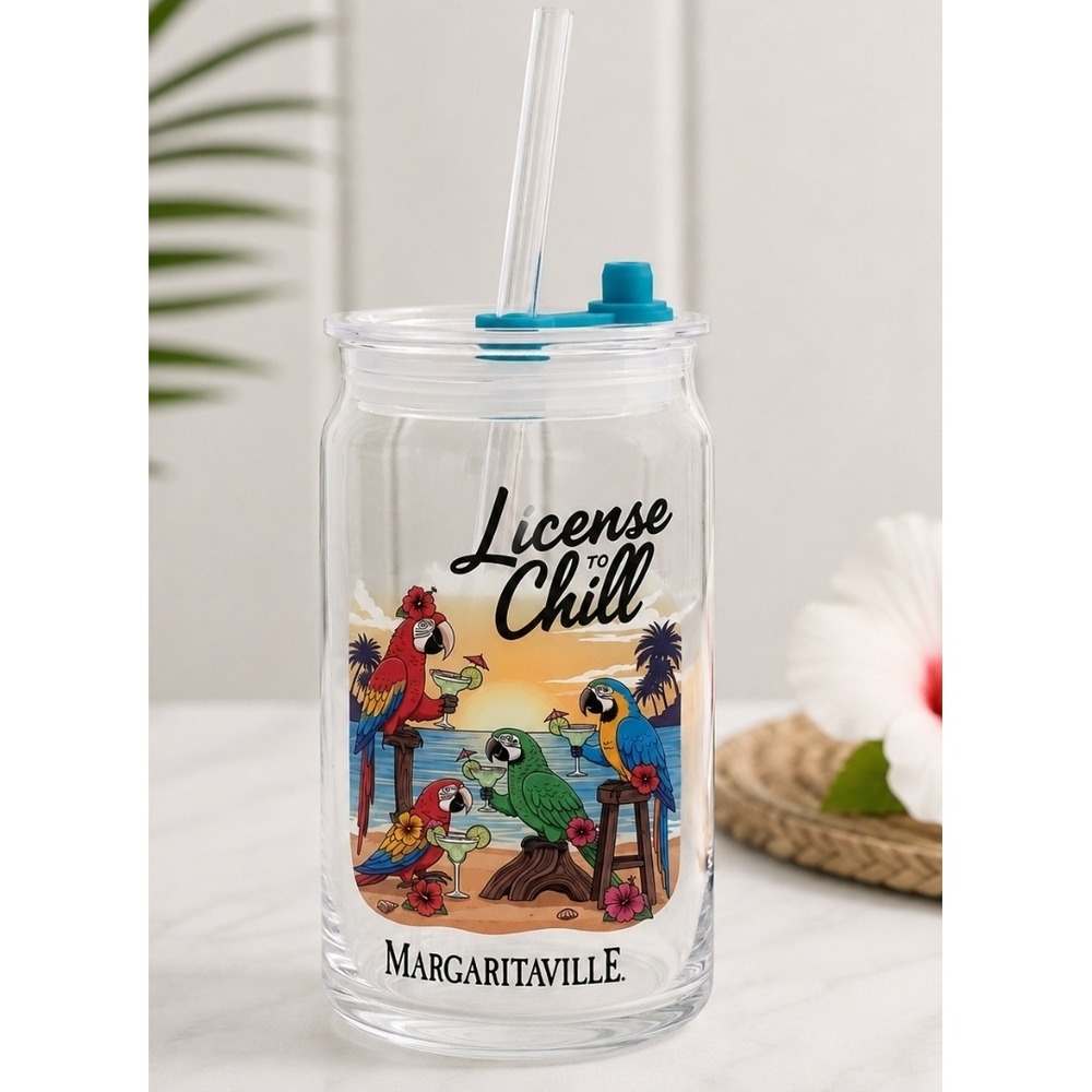 Margaritaville NEW 16oz Glass Sipper with Straw and Lid License to Chill Parrot